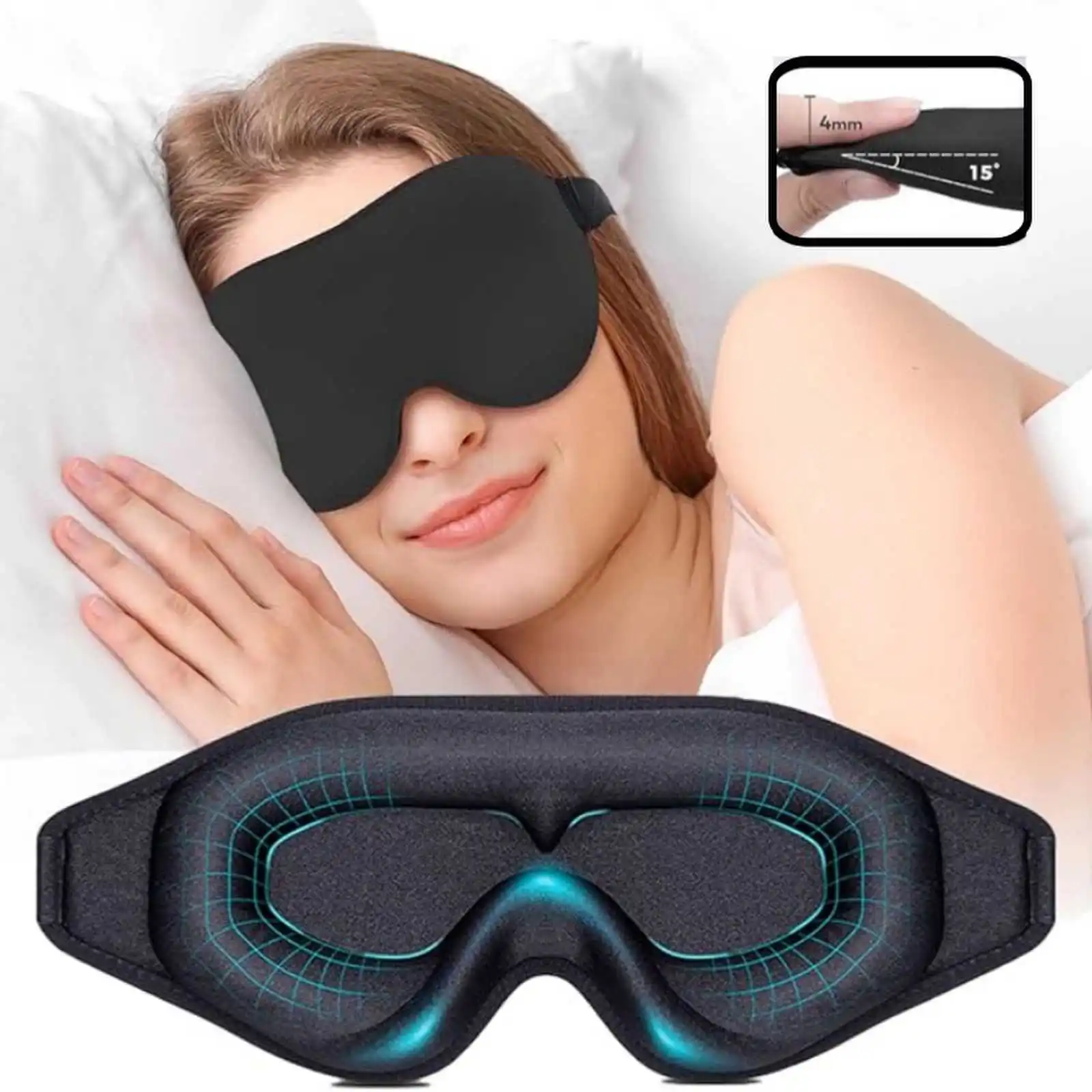 Máscara 3D de Espuma para Dormir, Tapa-Olho Blackout Total, Confortável e Zero Pressão