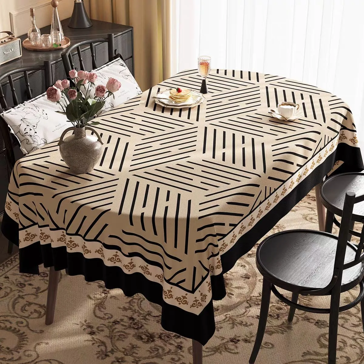 

Mid-Century Modern Geometric Tablecloth Nordic Beige Black Striped Table Cover for Dining Room Kitchen Party Home Decoration
