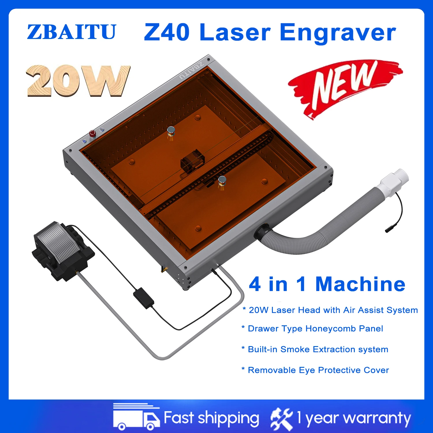 ZBAITU 4in1 Z40 20W Laser Gravador Cortador CNC Máquina De Corte De Madeira Do Metal 3D Router Gravura Com Ar Assist Extrator De Fumaça