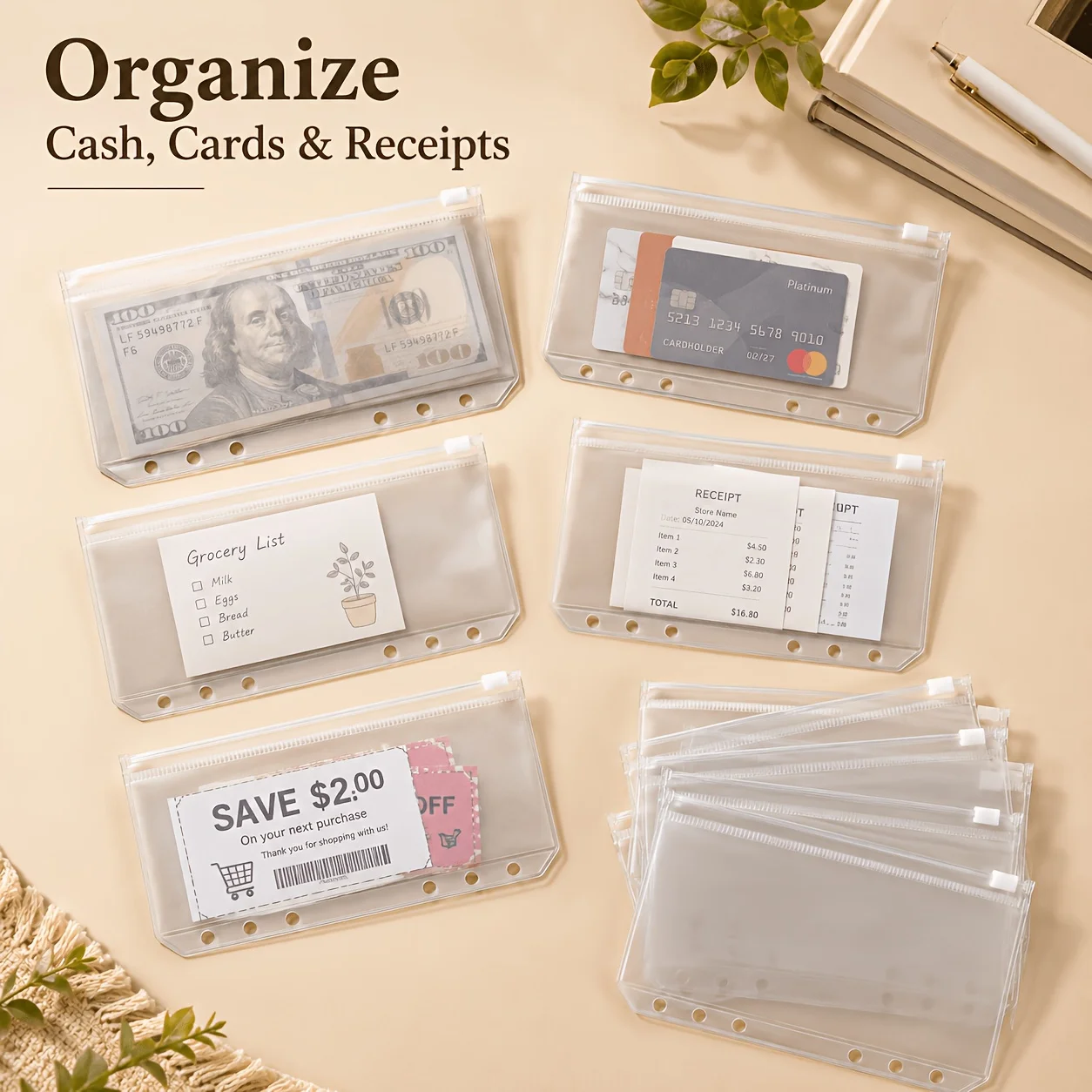 10pcs/5pcs Frosted Zipper Binder Pockets,6-Hole PVC Cash Envelopes for Budget Binder,Transparent Storage Bags for Receipts, - view 5