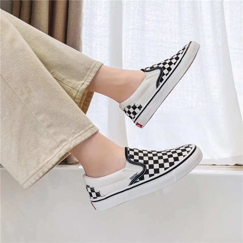 Black White Plaid Canvas Shoes for Women 2023 Flat Casual Shoes Men Summer Autumn Plaid Female Casual Ladies Lazy Sneaker