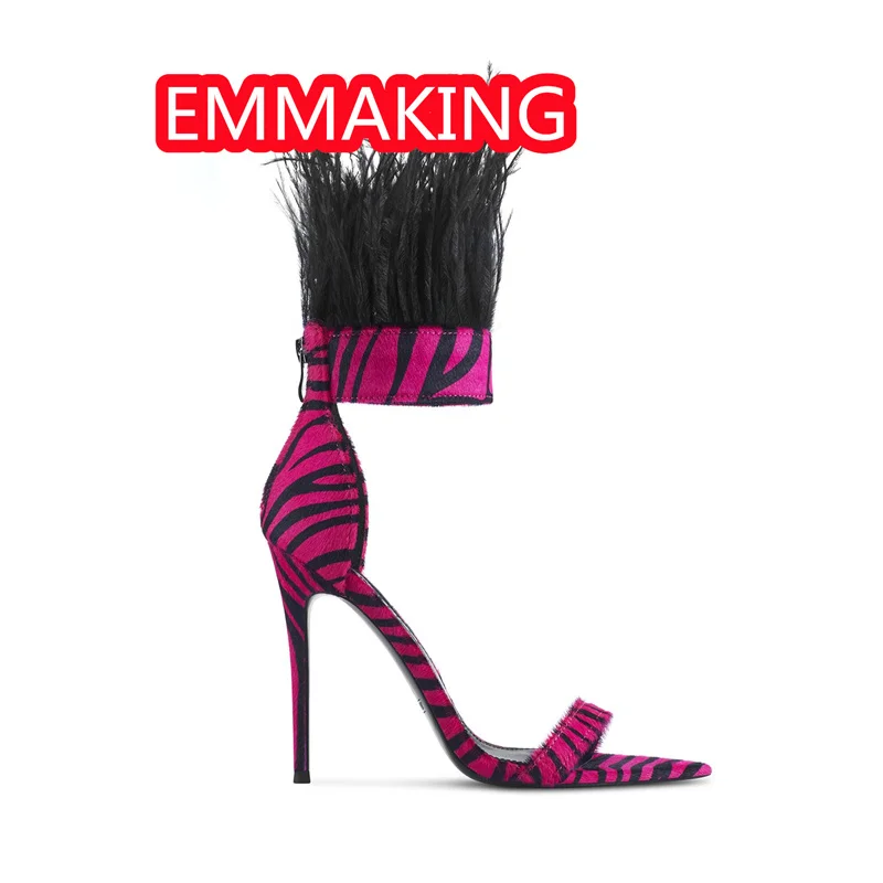 

Fashion Summer Fur Zebra-Striped Fabric Gladiator High Heels Women 2024 Customized Runway Sexy Simple Dancing Ladies Sandals