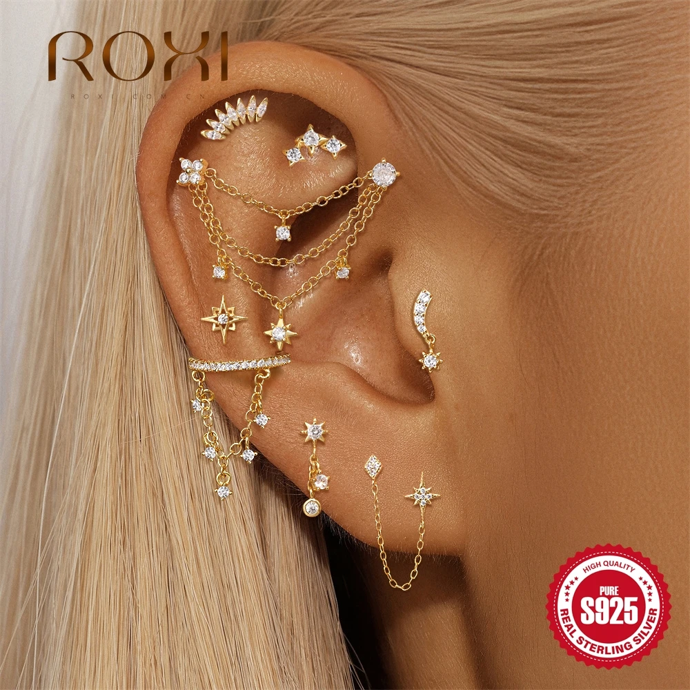 ROXI 1 Piece 925 Sterling Silver Earrings For Women Sunflower Star Chain Tassel Internal thread Piercing Minimalist Fashion