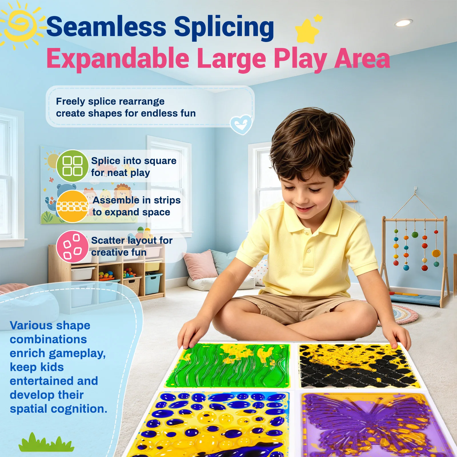 Texture sensory liquid floor tiles spliceable wear resistant mats for indoor playground children tactile activities