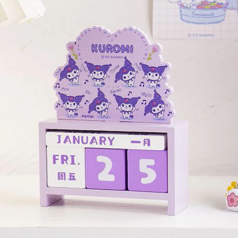 Sanrio Fairy Tale Planet Kuromi Wooden Perpetual Calendar Mini Kawaii Calendar Check in Desktop Ornament Holiday Gift