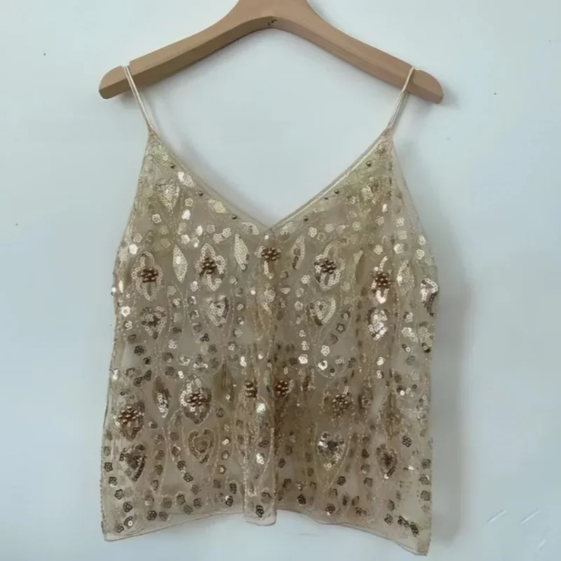 Women's Hot Sweet Sequin Bead Crop Tops Sexy Sling Slim Fit Short V-neck Straight Tank Top Korean Fashion Y2k Clothing - view 4