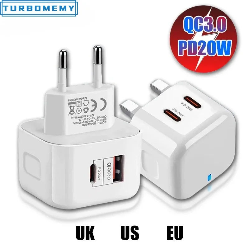 Quick Charge QC 3.0 PD 20W 40W USB C Charger EU UK US Plug Light 2 USB Adapter For iPhone 14 13 Xiaomi Phone Type C Fast Charger