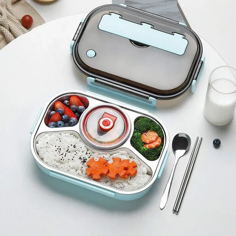 304 Stainless Steel Lunch Box 4 Compartments Insulated Sealed Bento Box with Soup Bowl Portable Picnic Food Storage Container