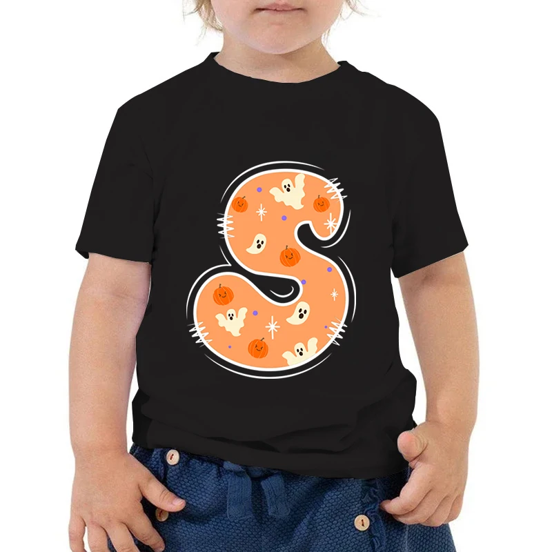 

Kids Cute Ghost Pumpkin Design Letter T-shirt Cartoon 26 Alphabet Child Clothes Halloween Trend Boy Girl Fashion Autumn TShirt