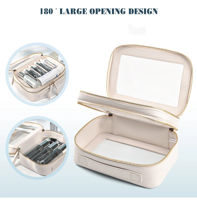 Double Zipper Layer Saffiano Leather Makeup Organizer Toiletry Storage Bag Clear PVC Transparent Cosmetic Bag For Travel