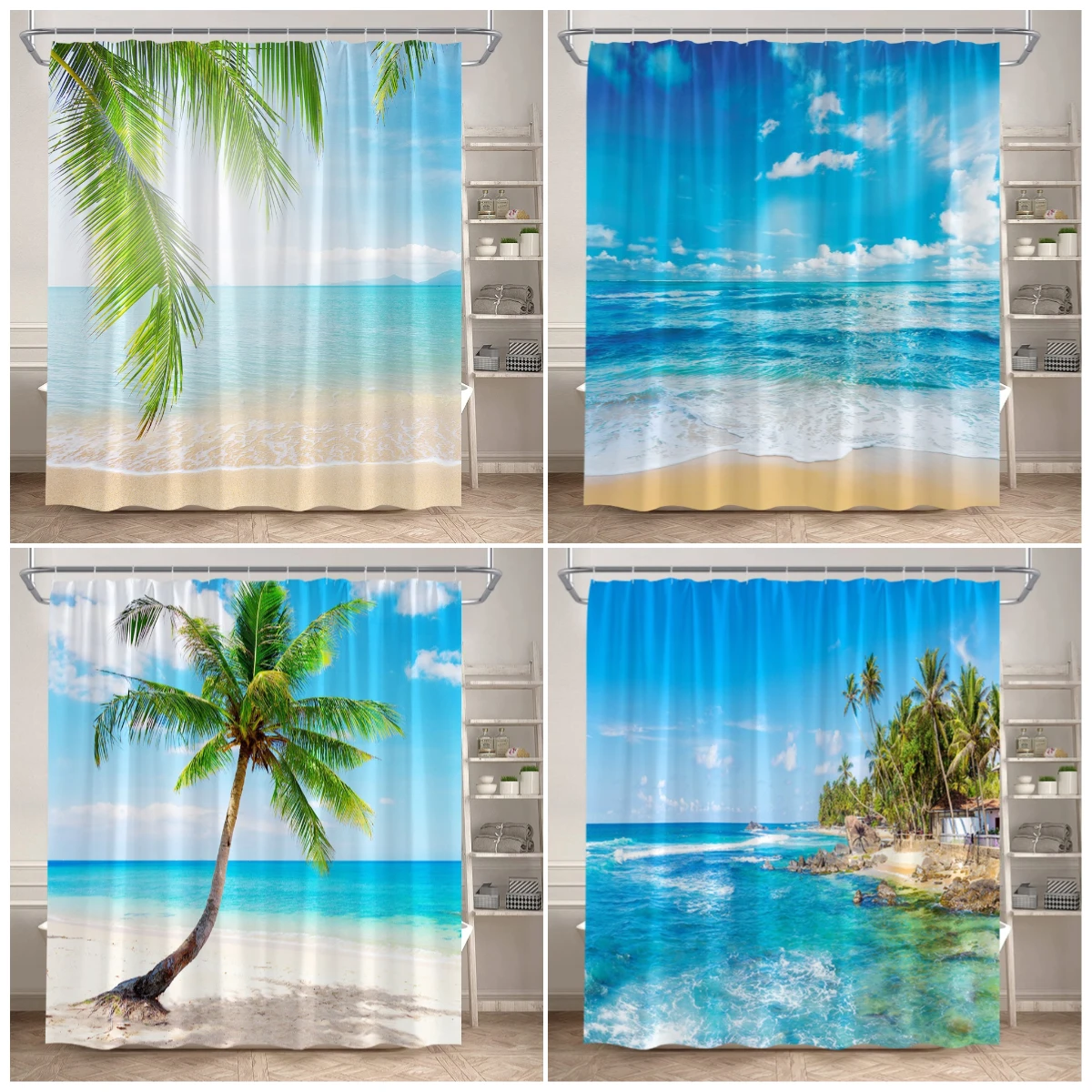 

Hawaii Blue Ocean Shower Curtain Sea Waves Beach Coconut Tree Tropical Nature Scenery Bath Curtains Fabric Home Bathroom Decor