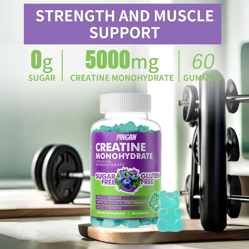 Gomitas monohidratadas de creatina, utilizadas para la fuerza muscular, el refuerzo energético, suplemento para preexercices (60 tabletas) - Sabor a arándanos