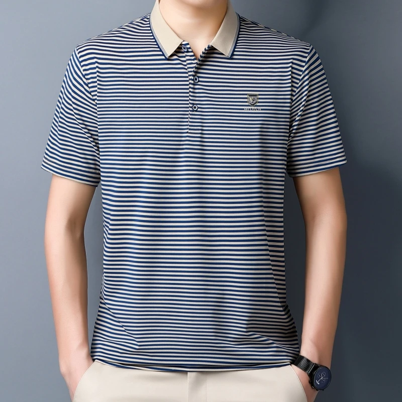 Summer Trend Men\'s Business Casual Polo Shirt Short Sleeve Breathable Versatile Fashion Shield Lapel Striped T-shirt Top