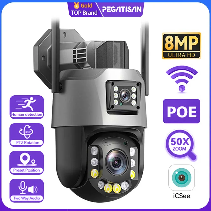 PEGATISAN WIFI 4K 8MP Dual Lens 20/50X Zoom Display PTZ Outdoor Surveillance Camera 393ft Ultra Long IR Vision ONVIF ICSEE APP
