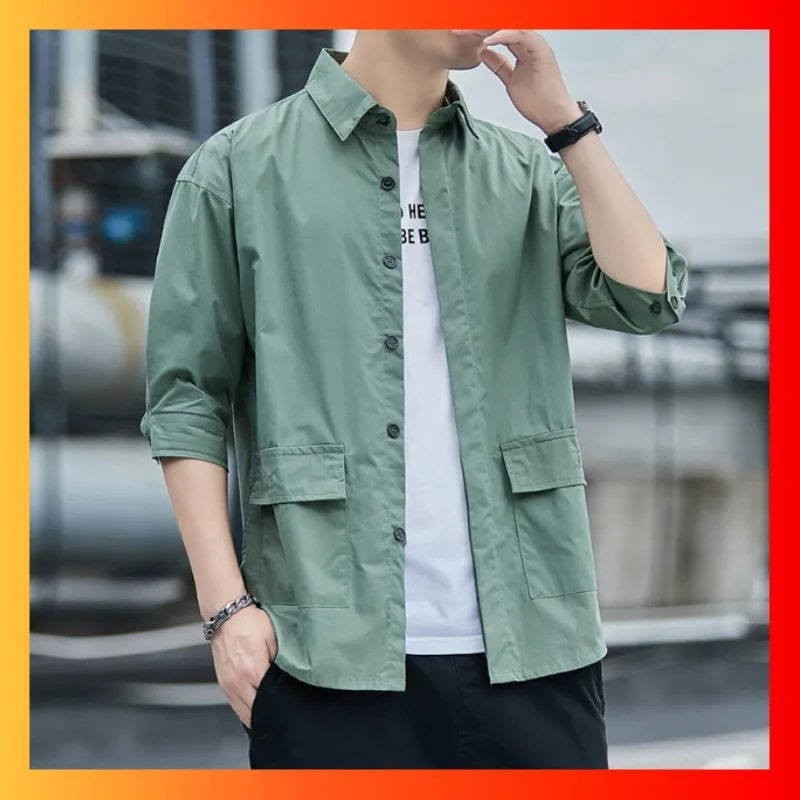 2023 Men Shirts Summer Three Quarter Sleeve Cargo Work Safari style Retro Pocket Outwear Loose Lace-up Breathable Shirt Male