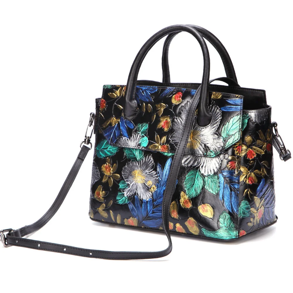 Sac à main en cuir véritable pour femme, poignée supérieure, sac à bandoulière, floral en relief, cuir de vachette véritable, sacs à main Messenger initiés, fourre-tout