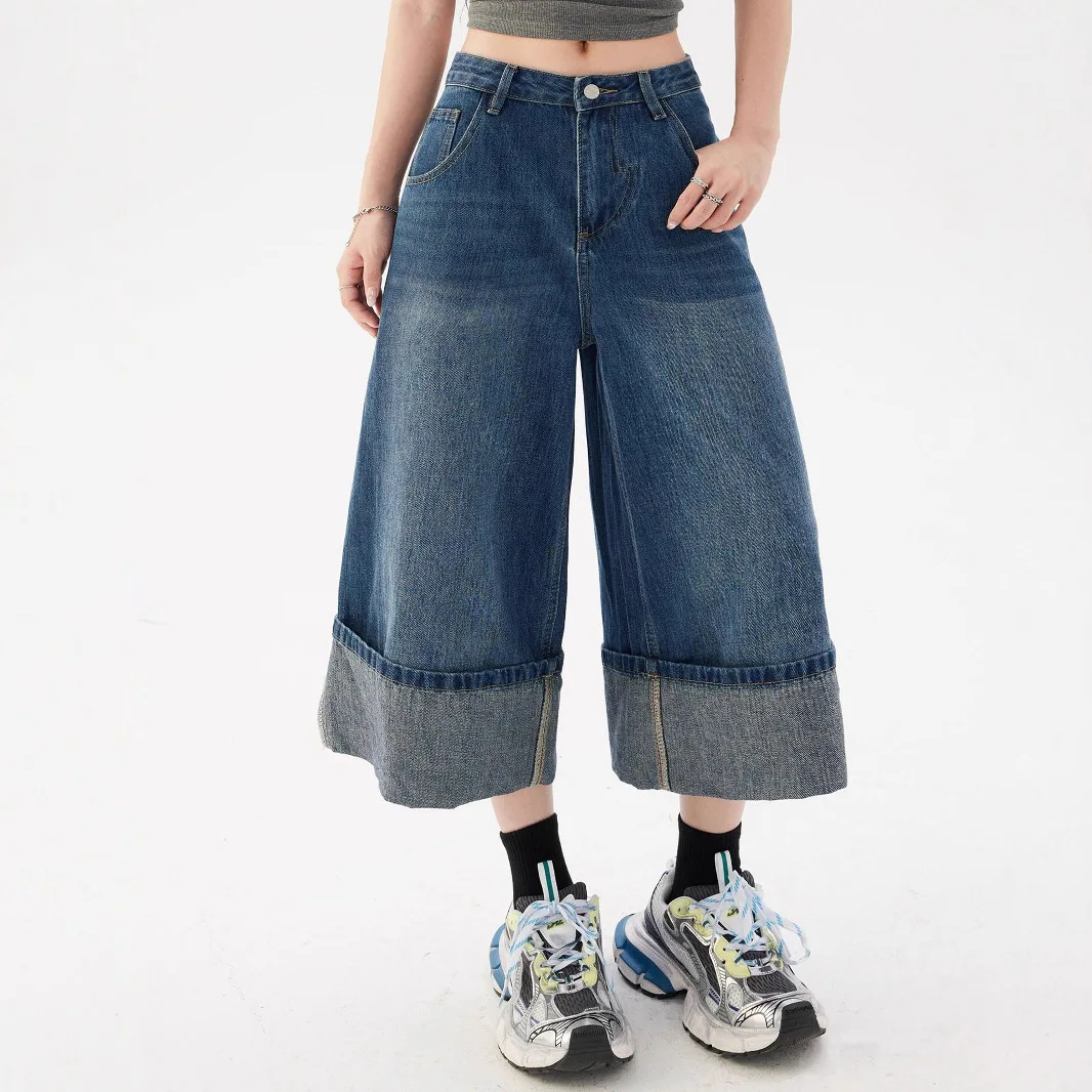 

Свободные укороченные брюки со средней талией в американском стиле ретро, широкие брюки с манжетами, универсальные прямые джинсы, женские летние новые весенне-осенние