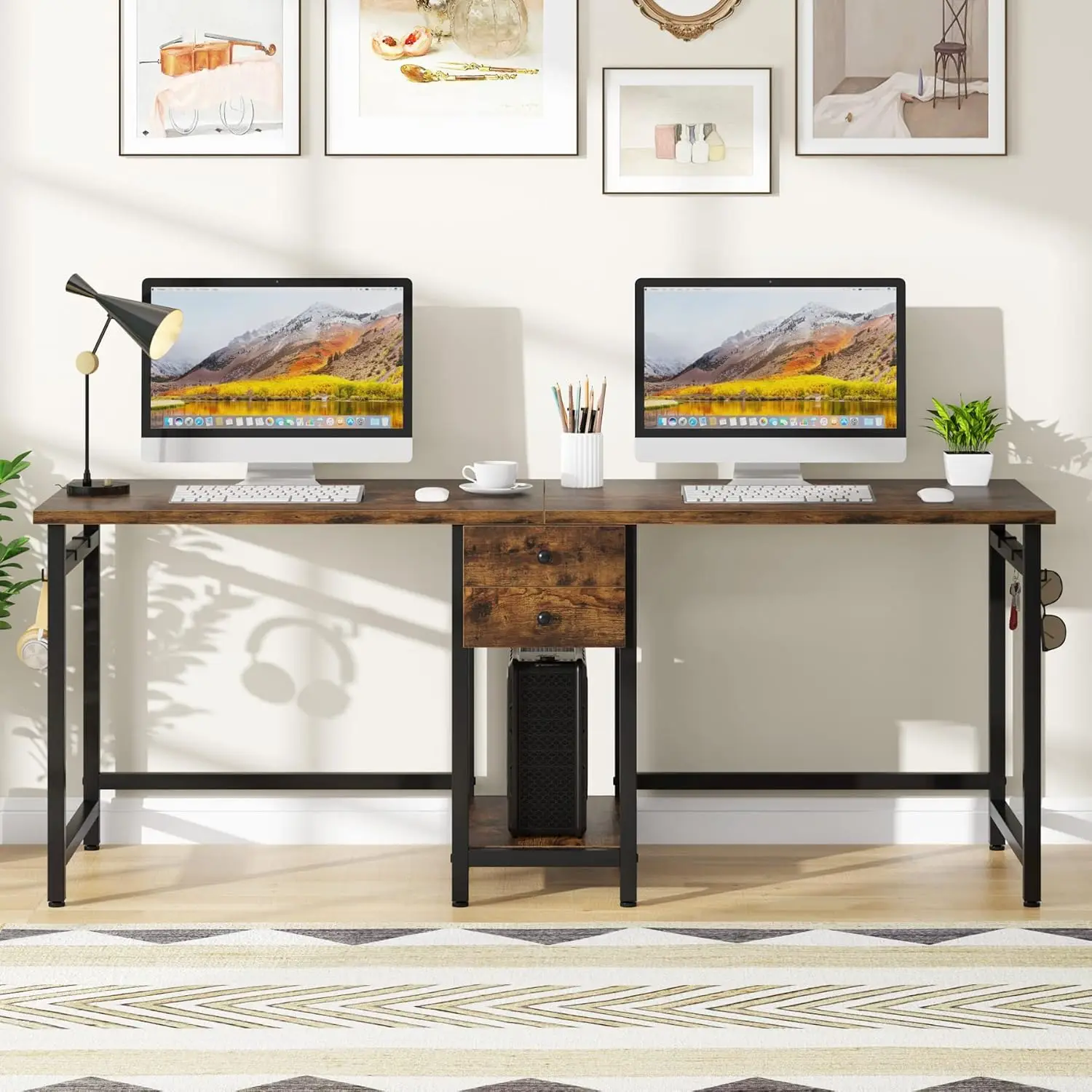 Escritorio doble de 79", escritorio para dos personas con cajón de almacenamiento, escritorio largo, escritorios de oficina en casa para 2 personas, marrón rústico