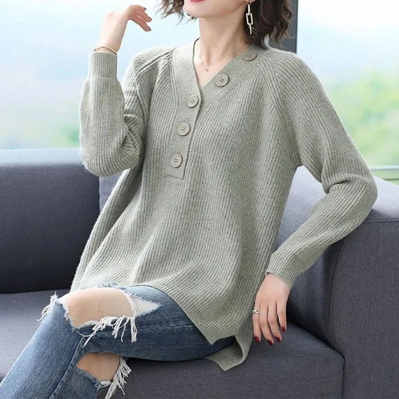 Spring Autumn New Button Patchwork Sweaters Long Sleeve V Neck Loose Solid All-match Pullovers Top Fashion Casual Women Clothing