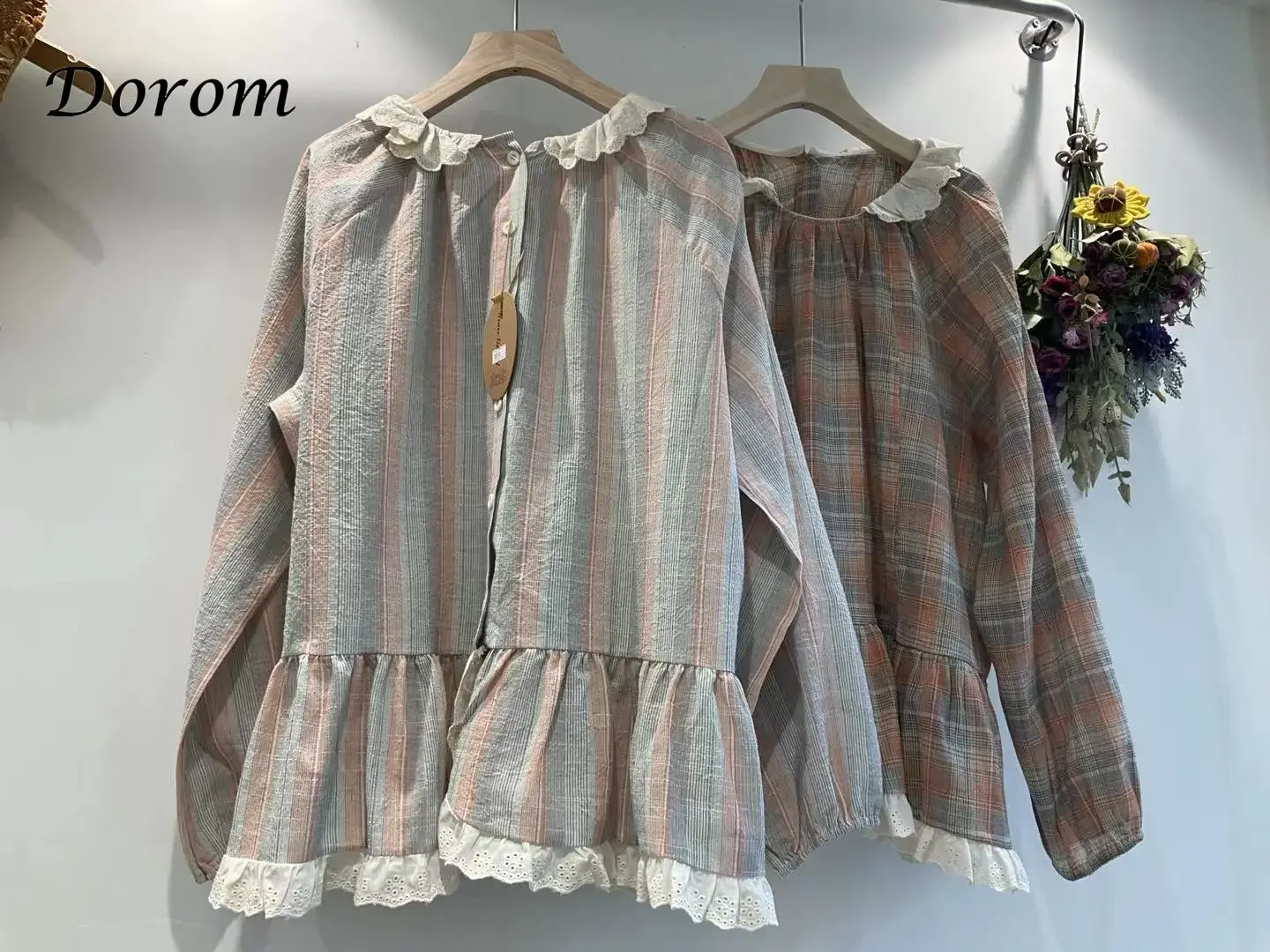 Japanese Mori Girl Plaid Shirt For Women Spring Ruffled Puff Sleeve Kawaii Lolita Tops Female Casual Loose Cotton Linen Blouses