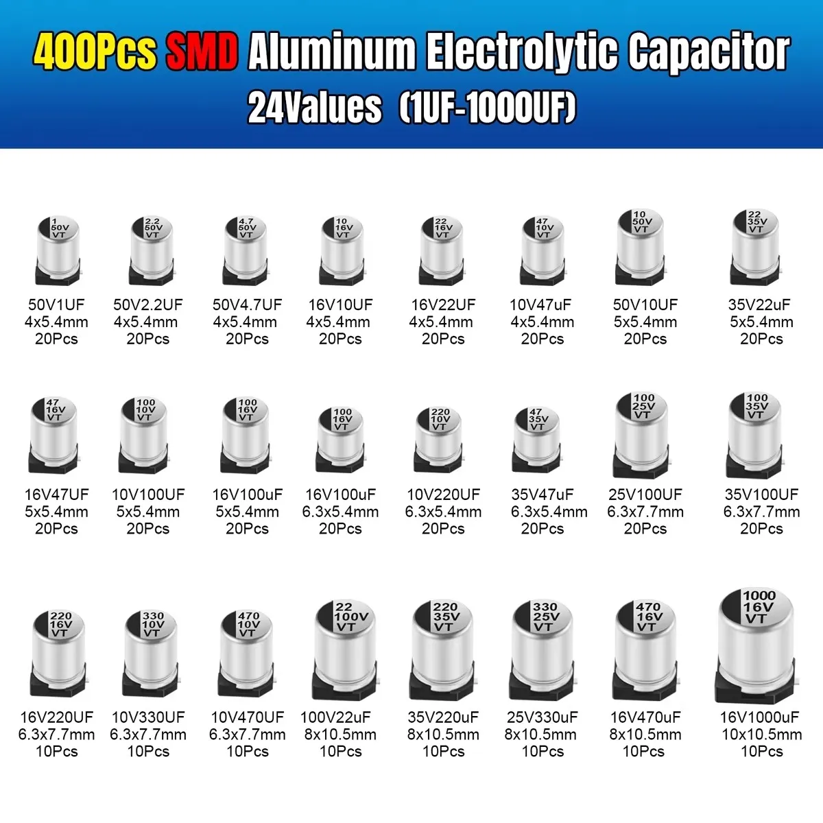 400pcs SMD Patch Aluminum Electrolytic Capacitor Kit 1uF to 1000uF 24 Types Specifications SMD Patch Kit