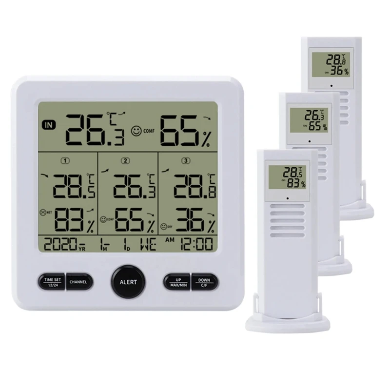 Weather Station Indoor/Outdoor Wireless Sensors Digital Thermometer Hygrometer LED LCD Display Thermometer(White) Easy Install