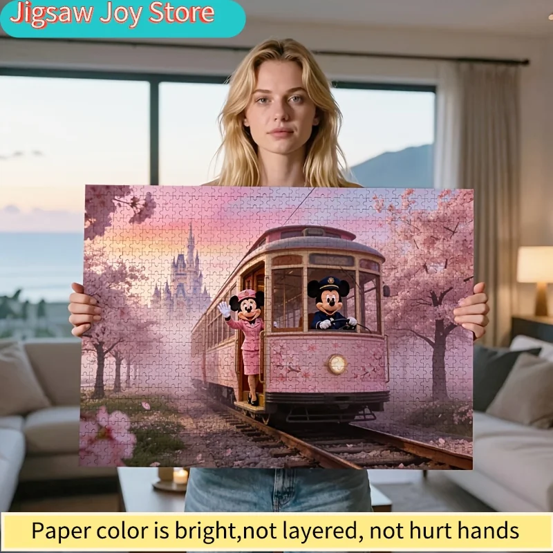 Rompecabezas 2D Plano de 1000 Piezas de Disney Mickey y el Tranvía de Flores de Cerezo - Construcción de Trenes del Castillo, Rompecabezas Temático Rosa para, Regalo de San Valentín