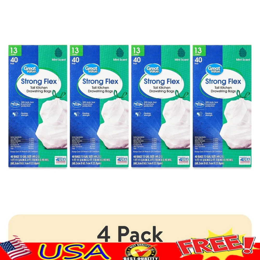 

Сильные гибкие высокие кухонные мешки для мусора на шнурке, 13 галлонов, 40 шт., устойчивые к проколам, устойчивые к утечке, мятные, ароматизированные, контроль запаха