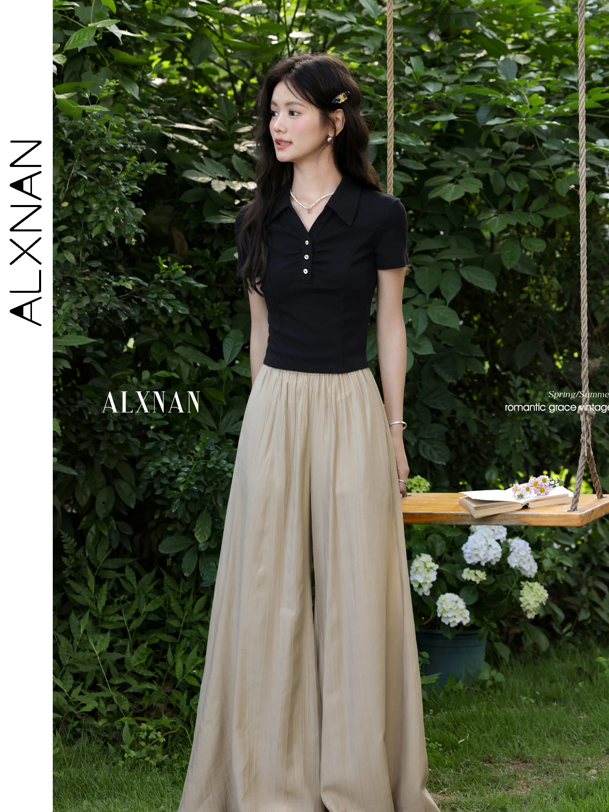 ALXNAN Dames T-shirt Zwart Elegant V-hals T-shirts met korte mouwen Trend 2025, Zomer Casual Slim-fit Korte tops Dames L557138