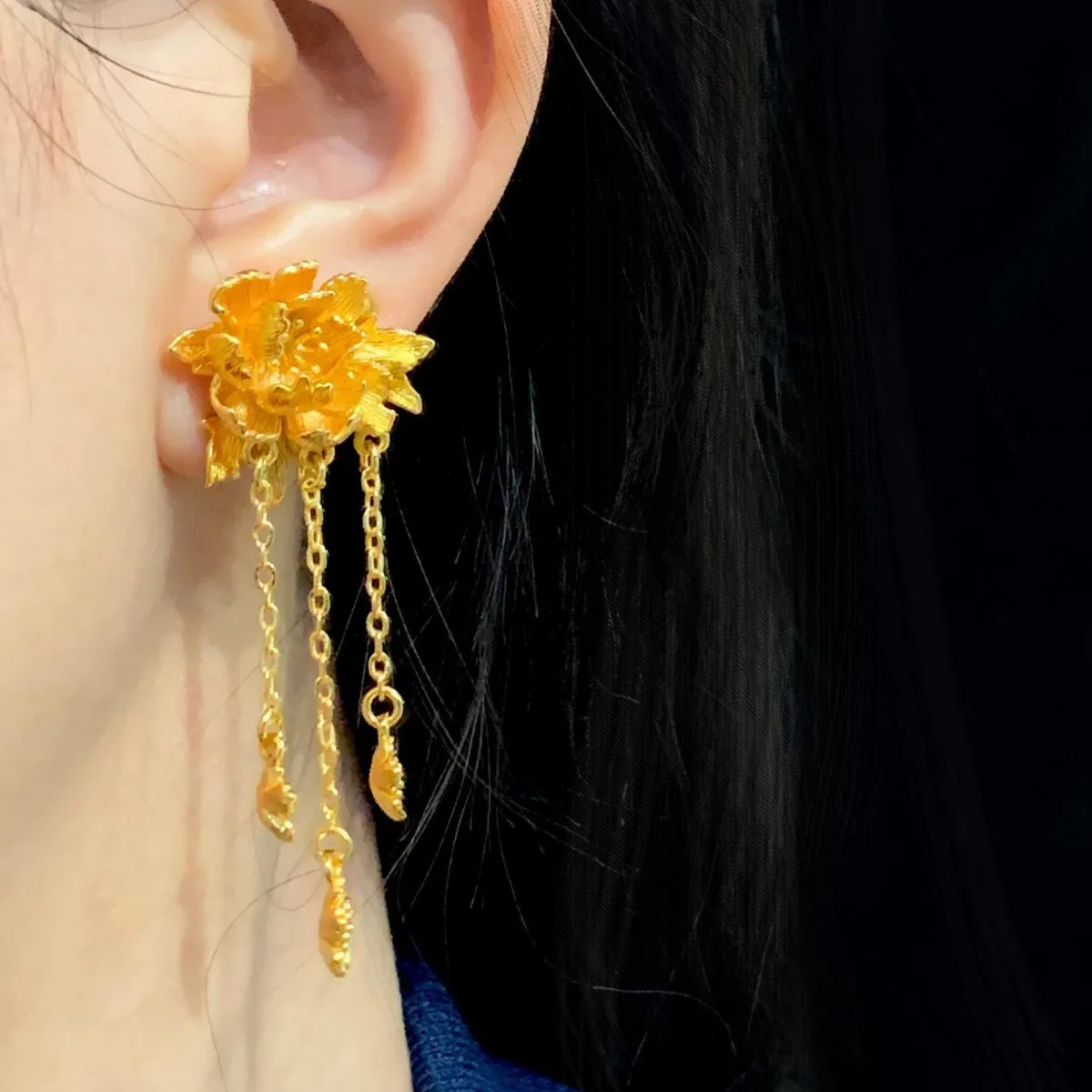 

Роскошные серьги из чистого золота 9999 пробы 24 карата с кисточками и цветком пиона, женские серьги-гвоздики