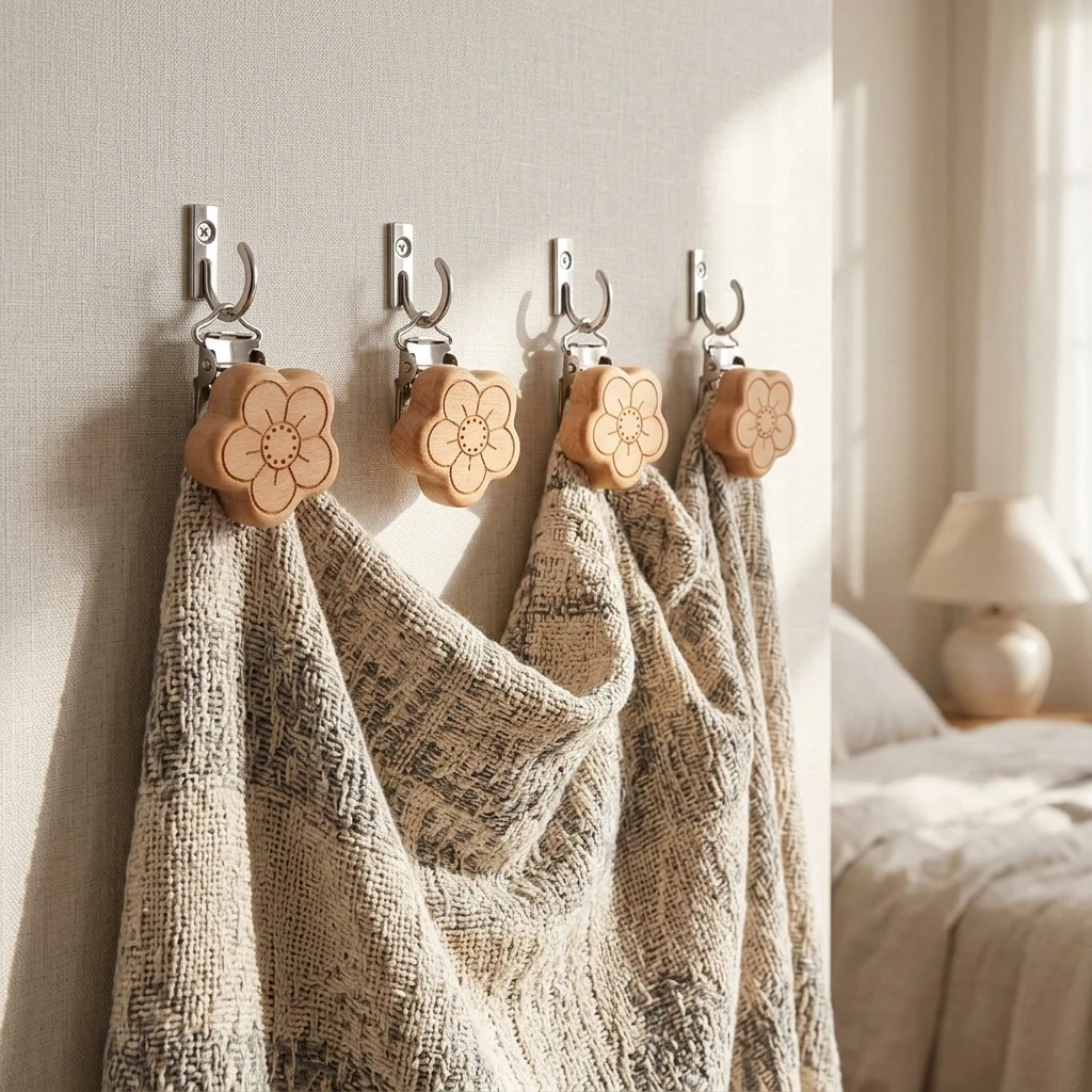4 Pack Tapestry Clips Natural Wood Blanket Holders for Bedroom Living Room Decor Anti Slip Fabric Fixers Wall Mounted Hook