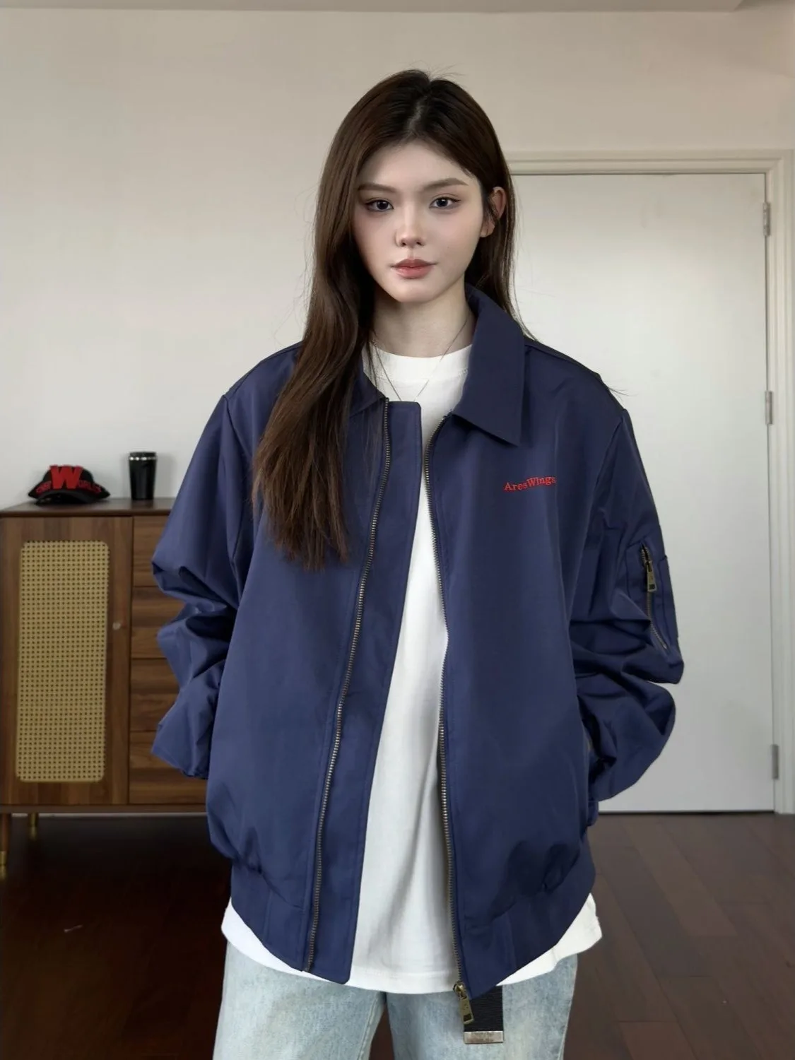 

Trendy American High Street Blue War Embroidery Jaet Men's Flight Baseball Sle Loose Fit Windproof Polyester Fiber