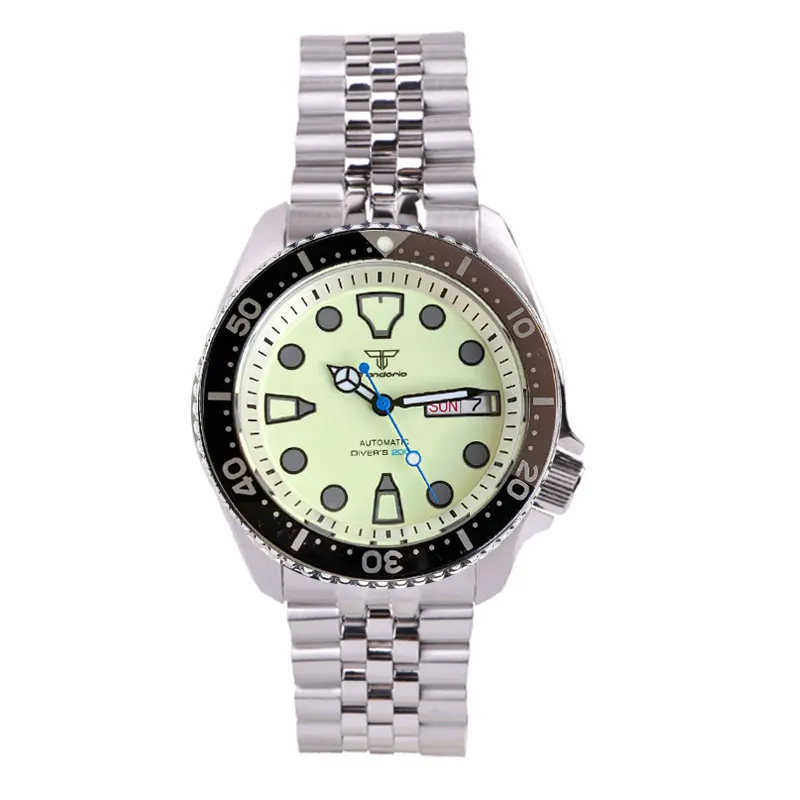 Tandorio SKX 3.8 Steel Mechanical Men Watch Full Luminous Dial Weekday Jubilee Bracelet Waterproof Rejor 41mm Watch Case