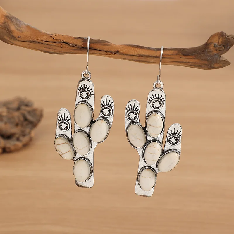 أقراط دائرية بنمط عرقية قديمة منقوشة على شكل صبار من الفيروز الأخضر المزيف، مجوهرات عصرية بنقش نباتي وزهري #1