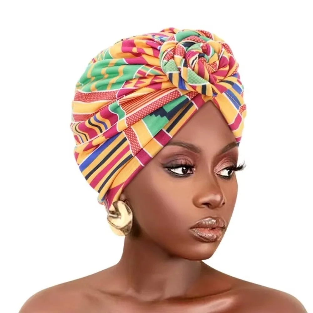 

New Floral African Knot Turban Elastic Beanie Pre Tied Front Knot Head Wrap Women Chemo Cap Elegant Bandana Headwear
