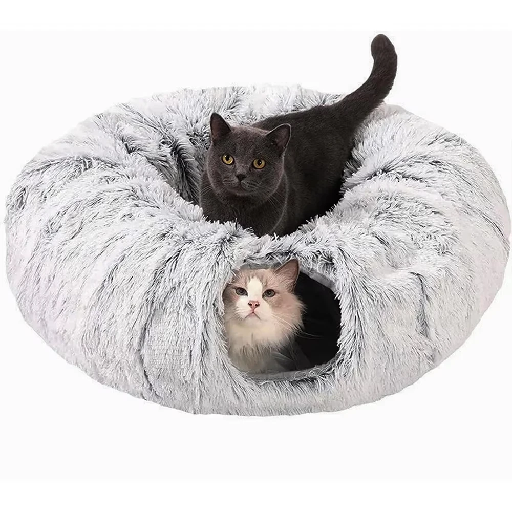 Nouveauté hivernale : Lit tunnel pour chat en peluche, pliable, deux-en-un, rond, chaud, nid pour animaux de compagnie, épaissi, confortable, douillet, cachette pour chat