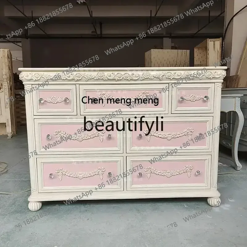 

D178 French solid wood carving flower retro seven-chest cabinet storage locker pink dressing decorative cabinet