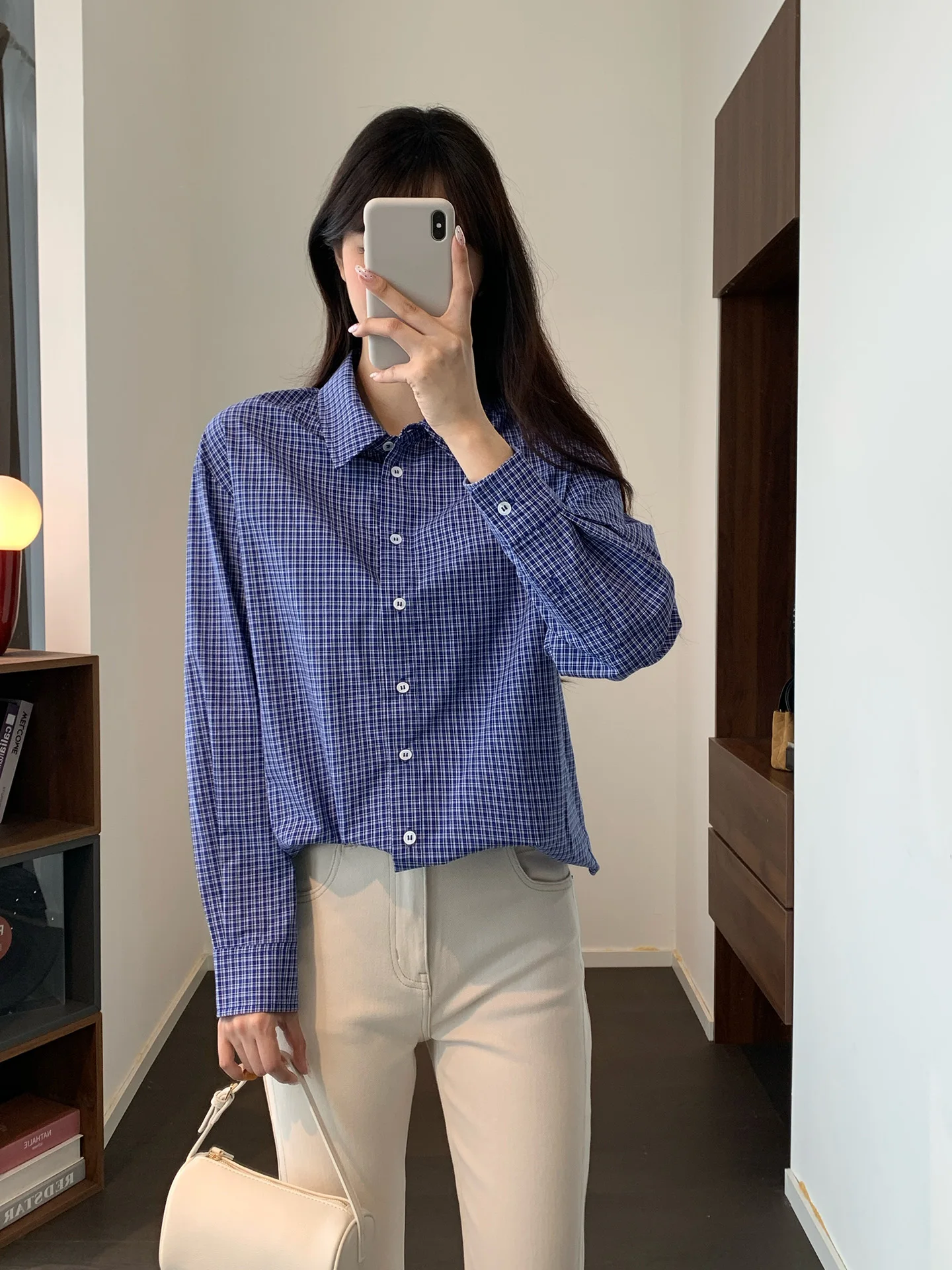 

Anti-Aging College Style Color Woven Blue Plaid White Loose Fit Long Sleeve Shirt Simple Fishbone Hemline Women's Fashion
