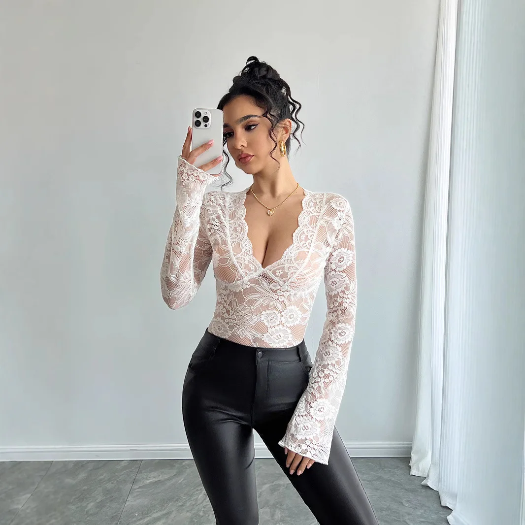 Women's New Elegant Deep V Neck Lace Slim Fit Sheer Hollow Out Long Sleeve Top Pure Desire Date Night Commute Breathable T-Shirt