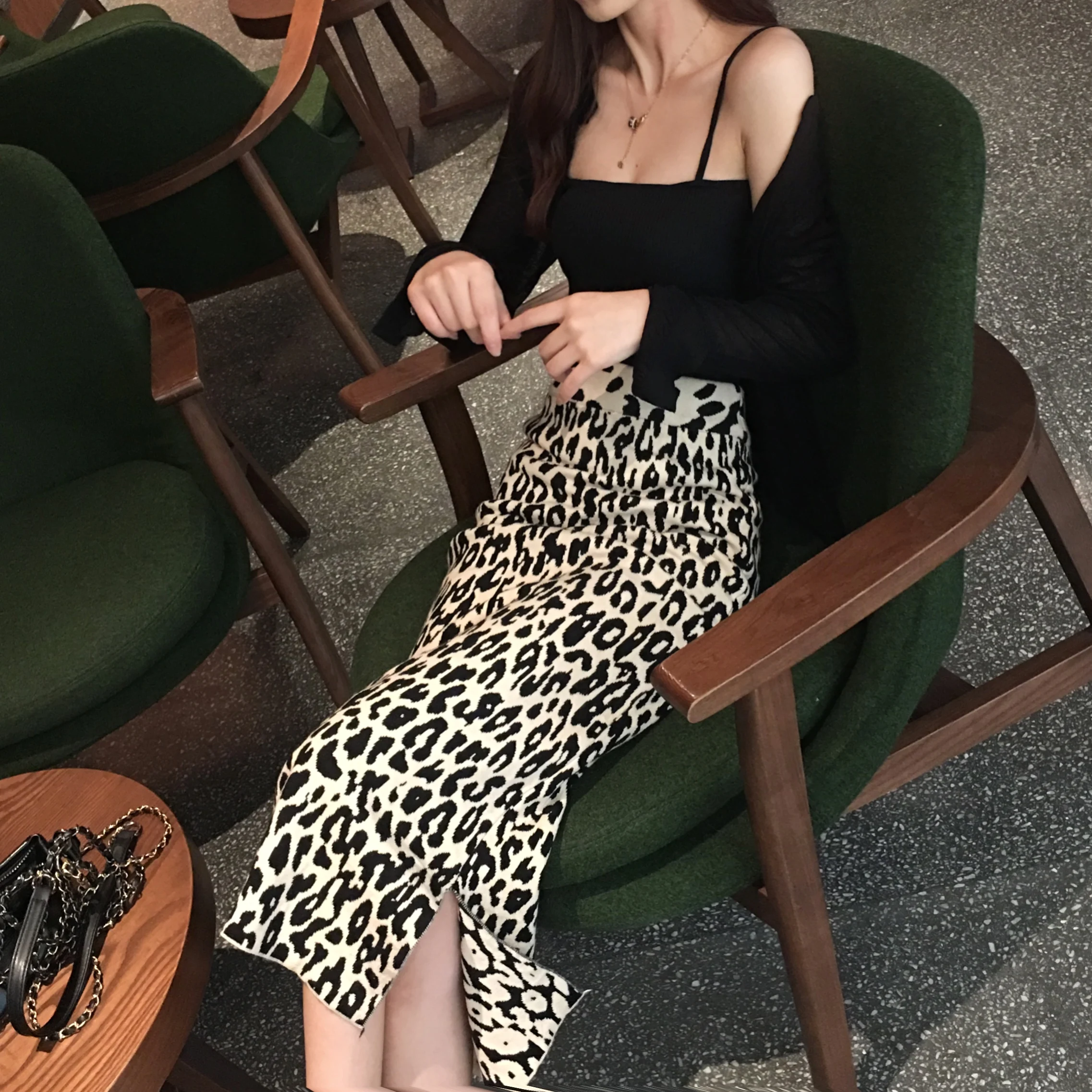 2022 early spring new long slit knitted leopard skirt women high waist knitted skirt