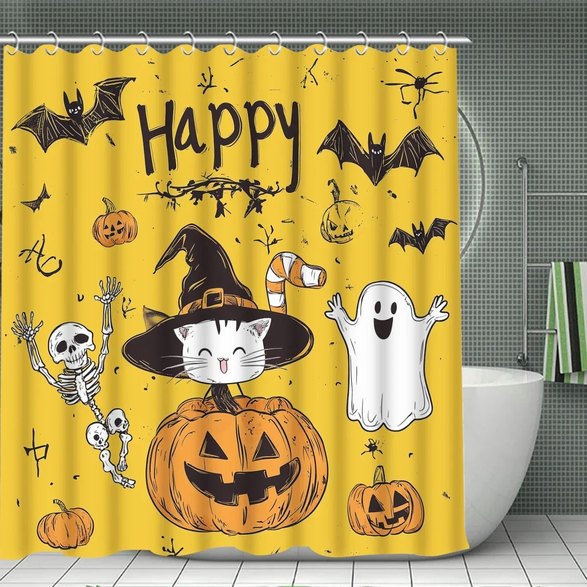 Cartoon Style Bathroom 4-piece Set with Shower Curtain Non-slip Mat Toilet Seat Black Cat Pumpkin Ghost Pattern Decoration