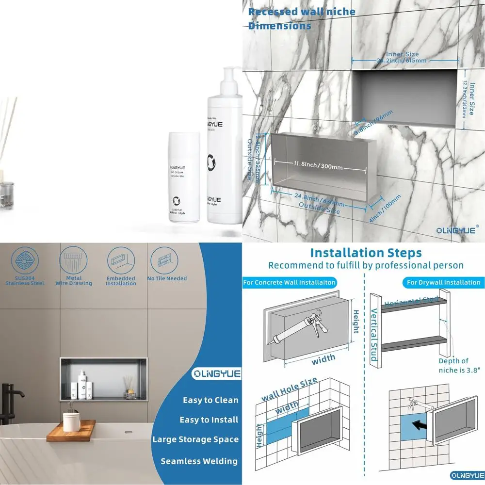 

Stainless Steel Shower Niche, 24x12 Inches, Recessed Wall Shelf, Brushed Nickel Finish for Home Decor