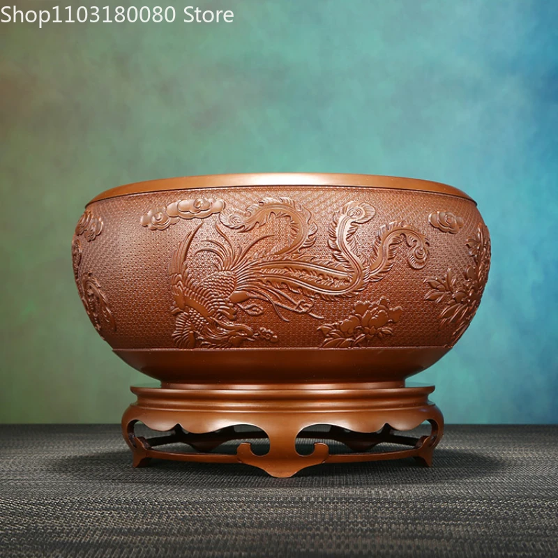 31cm Red copper carving Double phoenix bowl Treasure bowl Chinese Lucky Fengshui decor Large size