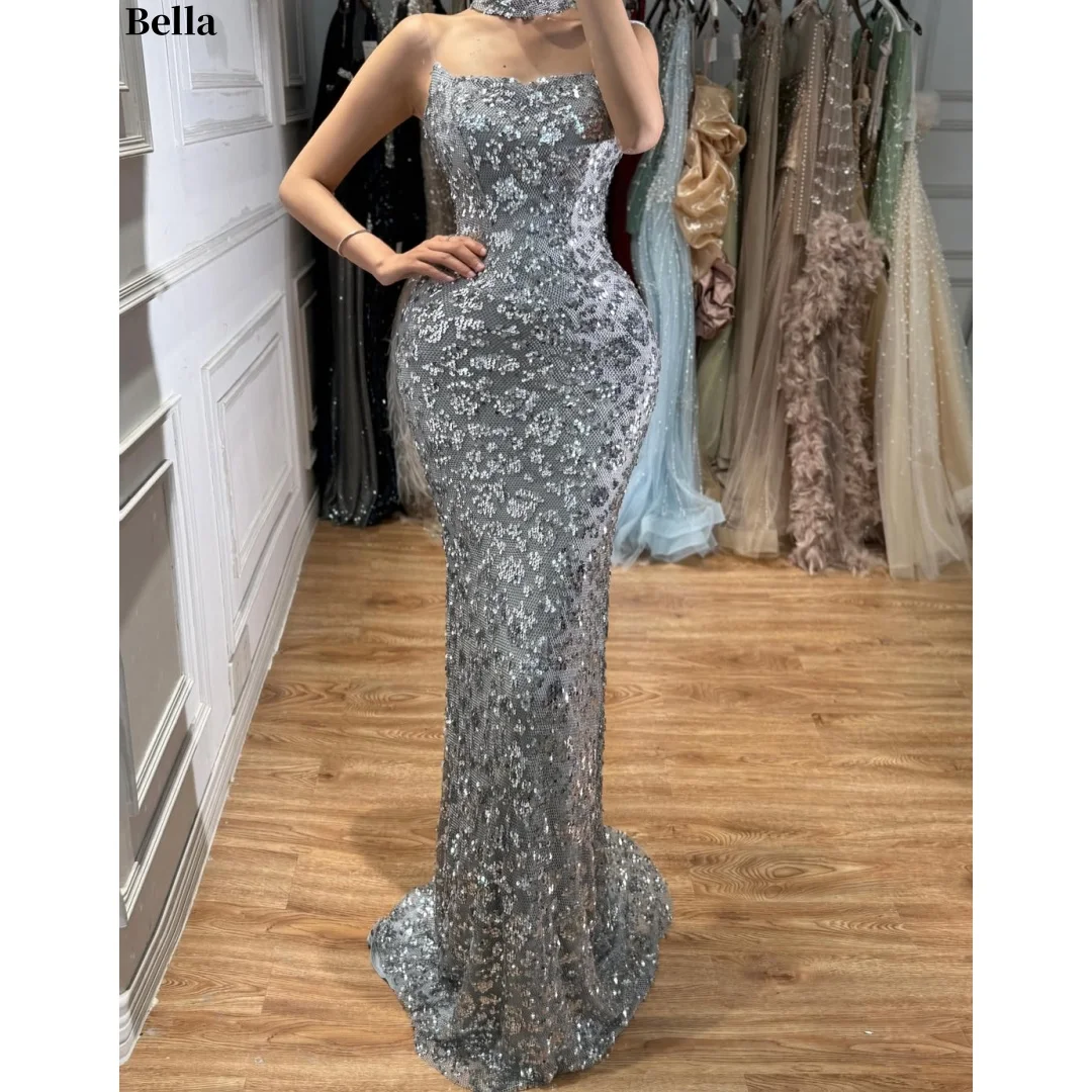 Bella Customized Silver Sequin Prom Dresses Elegant Strapless Mermaid vestidos de noche Sparkly Wedding Guest Formal Evening