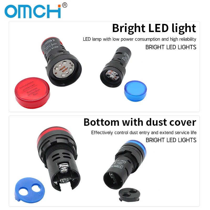 OMCH AD16 سلسلة 16 مللي متر/22 مللي متر/30 مللي متر لوحة جبل إشارة مؤشر LED ضوء أحمر أخضر أصفر أزرق أبيض ضوء 12 فولت 24 فولت 110 فولت 220 فولت 380 فولت