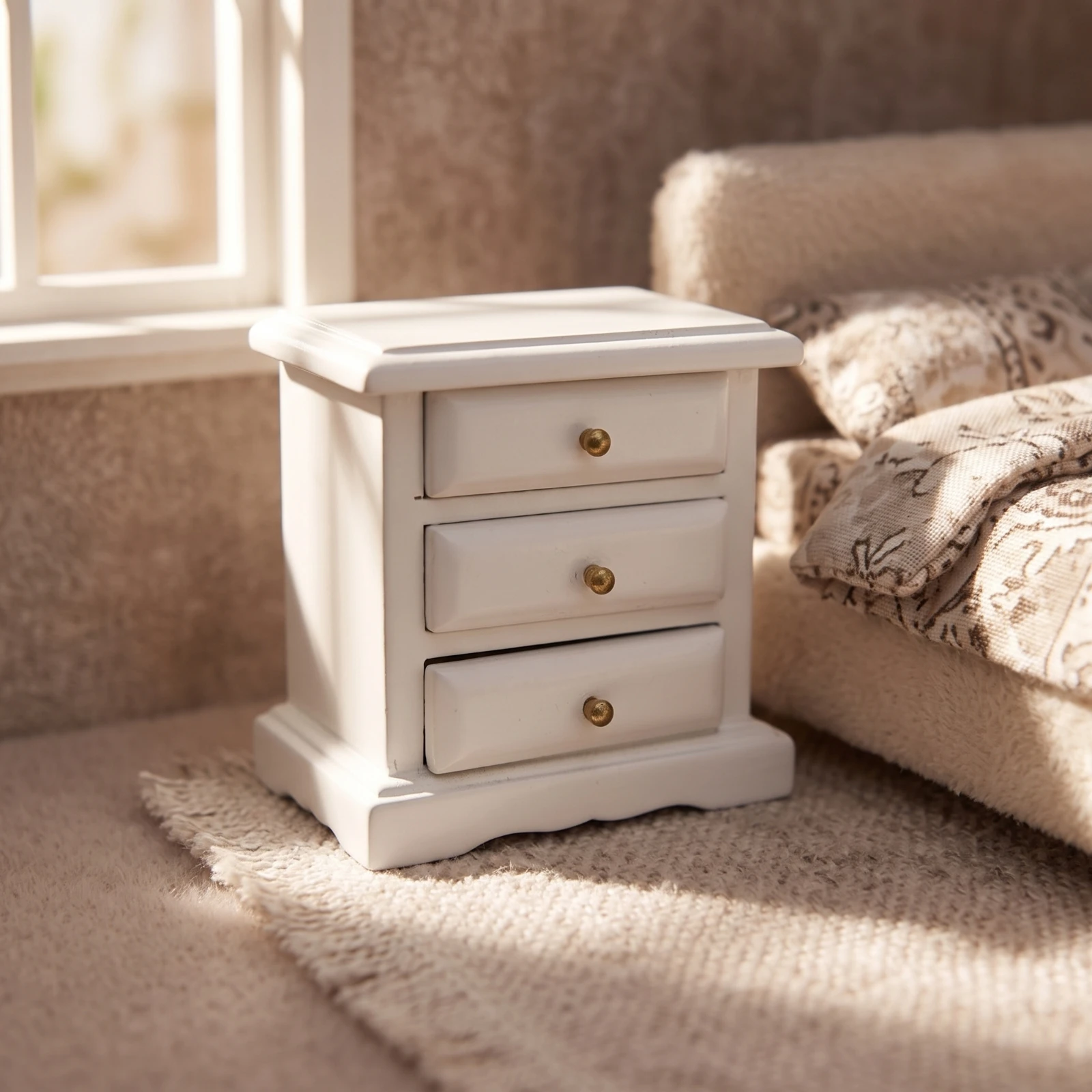 Dollhouse Bedside Table White Dollhouse Nightstand Miniature Bedside Cabinet Openable Nightstand with Drawers Tiny