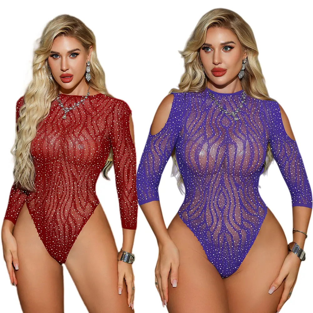 Women's Sex Colored Sheer Fishnet Rhinestone Teddy Bodysuit Sparkling Rhinestone Cut-out Shoulders designs Sparkle Outfits