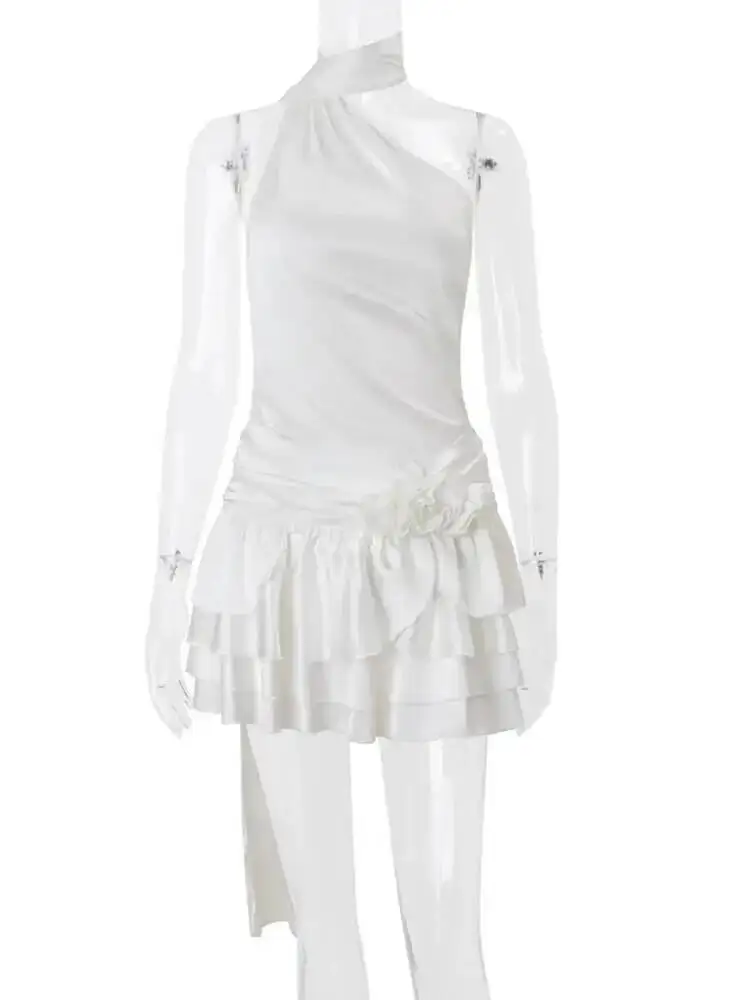 Satin Sexy Backless 3D Blumen Frauen Kleid Weiß Halter A-line Kleid Weiblichen Frühling Schlank Elegante Party Clubwear Vestidos