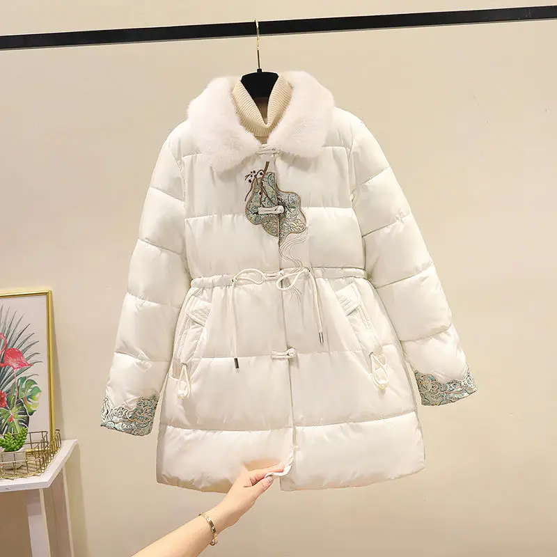 

Chinese Down Cotton Coat Winter New Women's Parkas Mink Fur Collar Embroidered Outwear Mid-length Windproof Waist Jackets Female