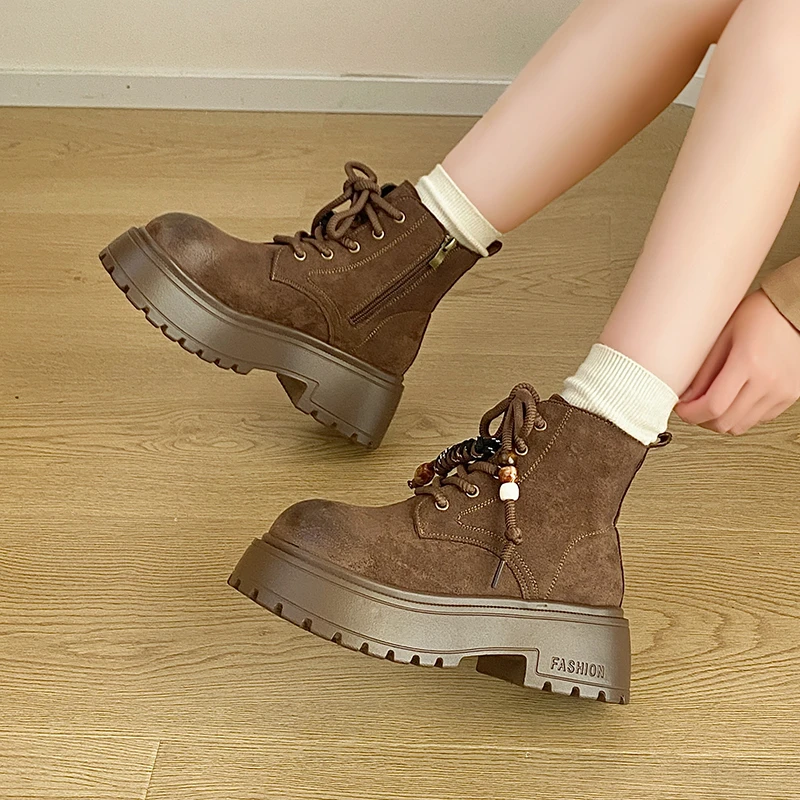 أحذية نسائية عالية الكاحل، أحذية جلدية كاجوال متعددة الأغراض على الطراز البريطاني متعددة الأغراض لزيادة الارتفاع #3